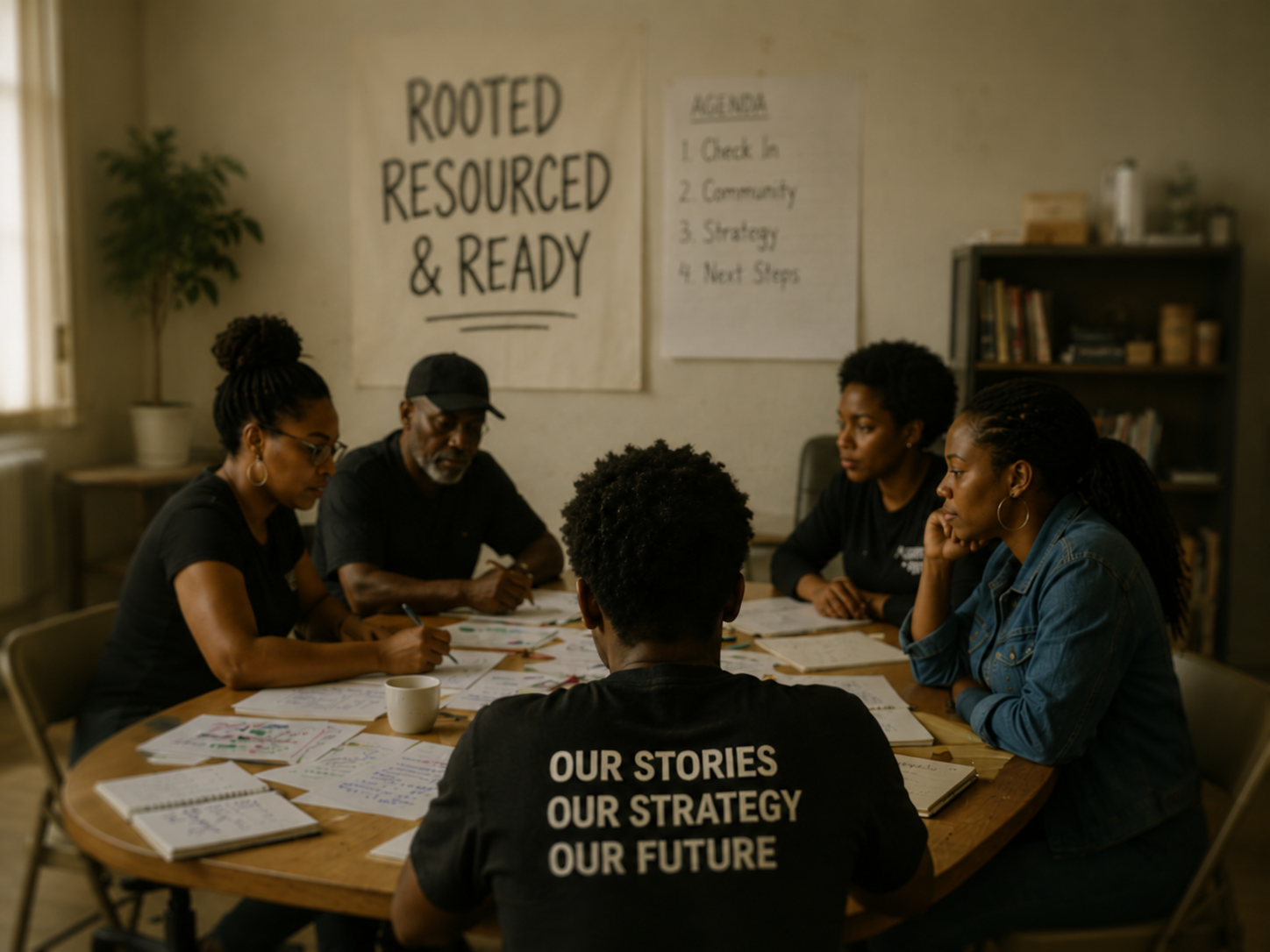 Community strategy session — organizers gathered around a table with notebooks and maps