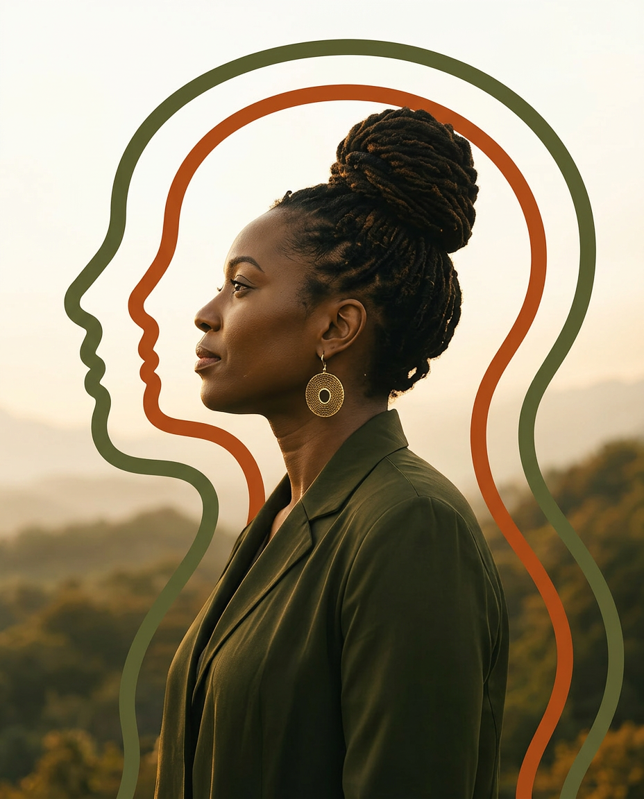 Portrait of a Black woman in profile framed by layered olive and rust head silhouettes against a golden-hour landscape
